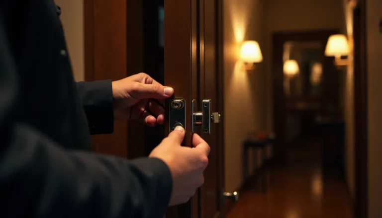 Serrurier professionnel installant une serrure france porte multipoints sur une porte d'entrée en bois massif dans un immeuble lyonnais
