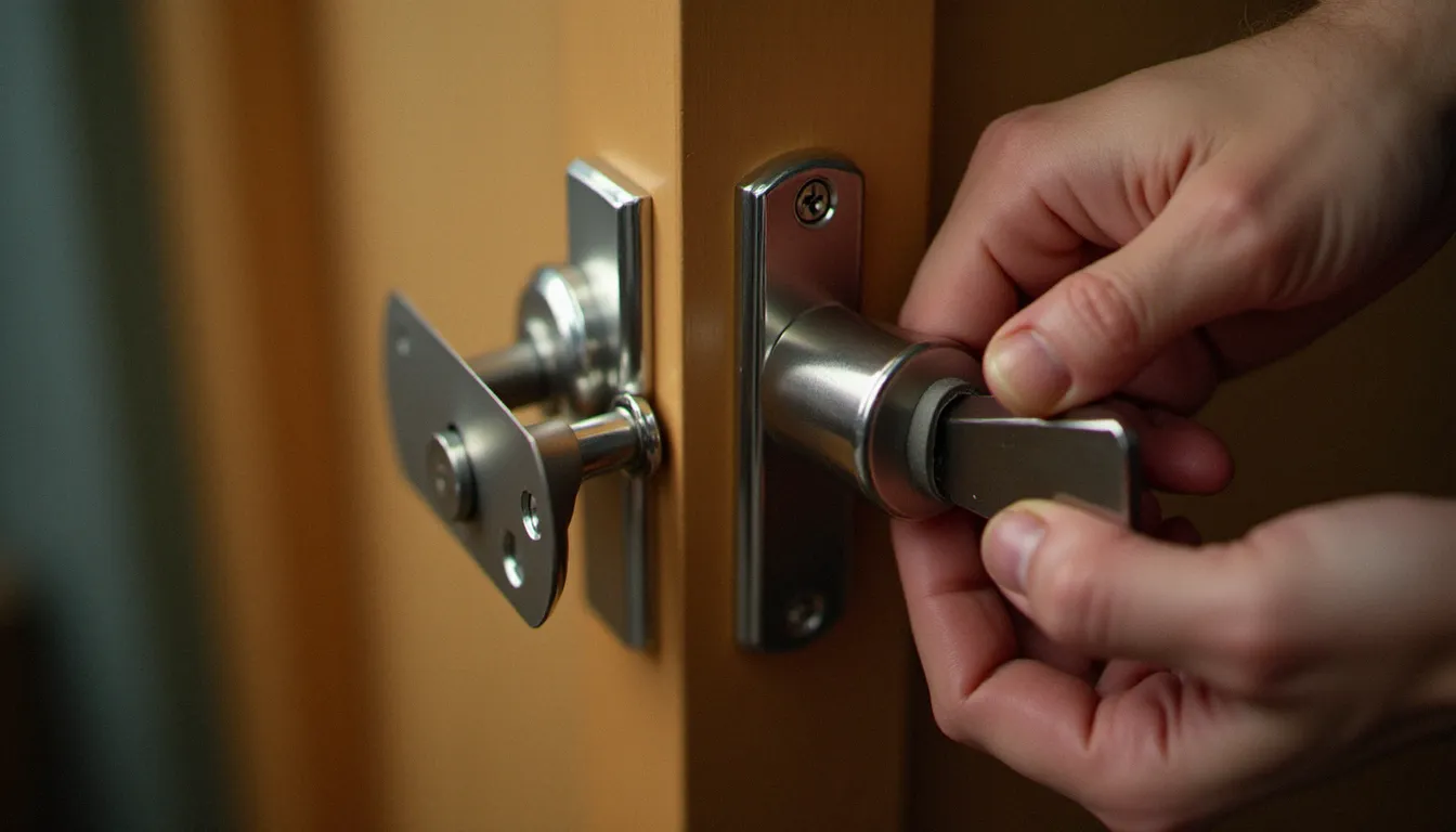 Serrurier professionnel posant un cylindre de serrure meilleure marque certifiée A2P sur une porte d'appartement à Lyon