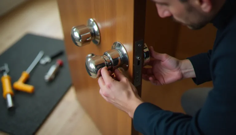 Serrurier professionnel installant une serrure multipoints haute sécurité sur une porte d'appartement, illustrant le choix d'une serrure au bon prix entre la Tunisie et la France