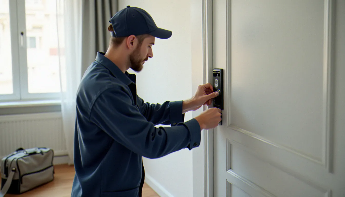 Serrurier professionnel en tenue de travail installant une serrure biométrique sans clé extérieur sur une porte d'appartement blanche en milieu résidentiel