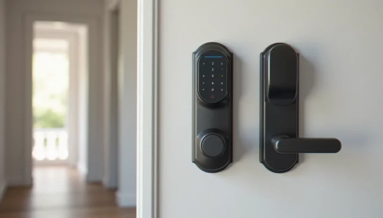 Serrure sans clé extérieur à clavier tactile rétroéclairé installée sur une porte d'entrée blanche moderne, sans cylindre apparent en façade extérieure