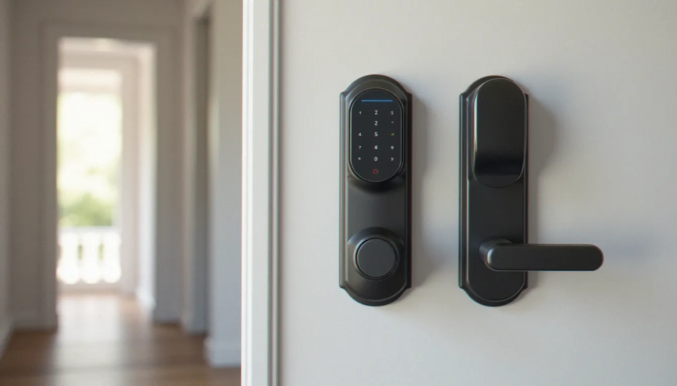 Serrure sans clé extérieur à clavier tactile rétroéclairé installée sur une porte d'entrée blanche moderne, sans cylindre apparent en façade extérieure
