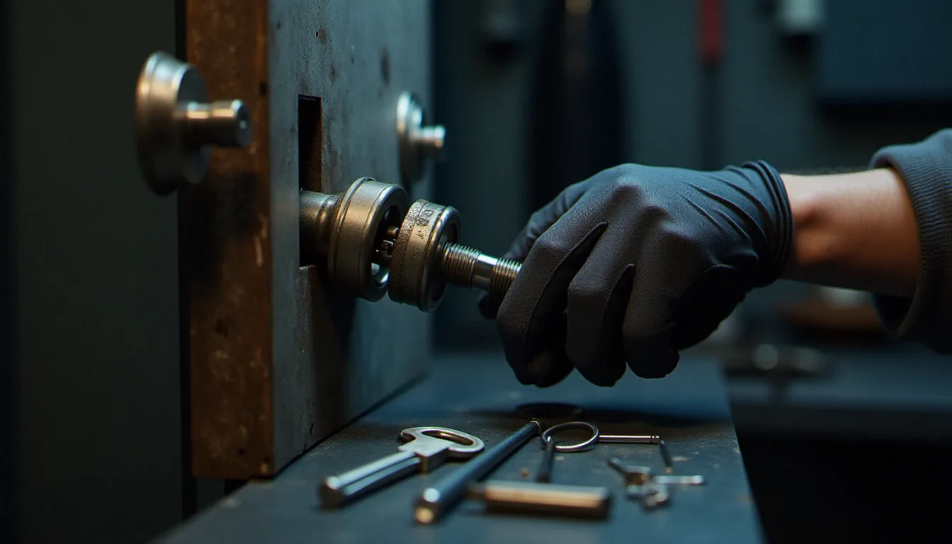 Serrurier examinant un cylindre endommagé avec un fragment de clé cassée visible à l'intérieur du barillet, outils d'extraction professionnels posés à côté