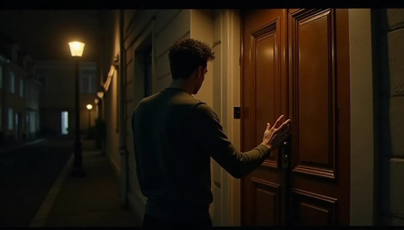Personne bloquée devant sa porte d'entrée le soir, illustrant la situation d'urgence face à une serrure sans clé intérieure fonctionnelle