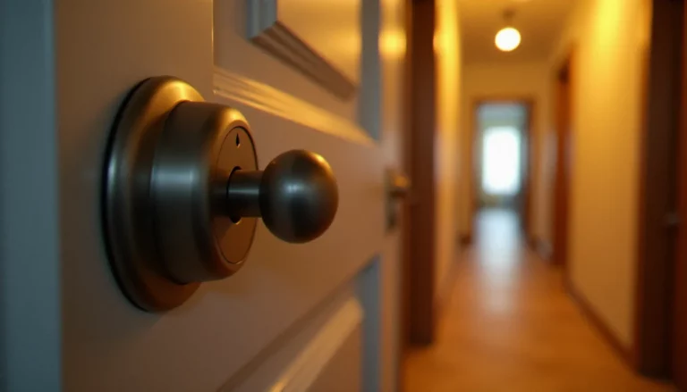 Serrure sans clé intérieure visible depuis l'entrée d'un appartement lyonnais, cylindre vide côté intérieur sous éclairage chaud