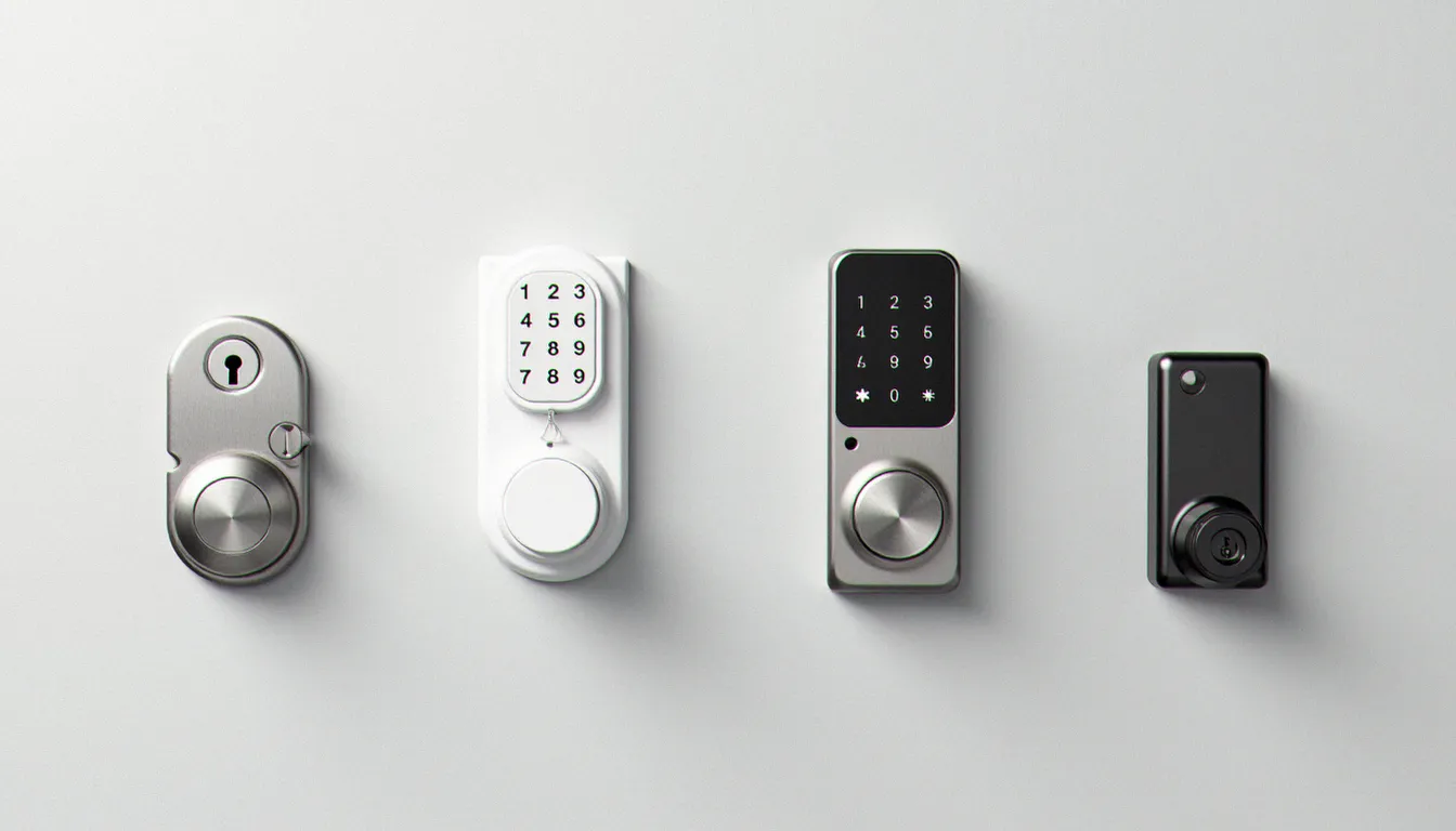 Vue comparative de quatre types de serrures sans perçage sur fond gris clair : verrou à pince, serrure à code adhésive, serrure connectée Bluetooth et verrou à rail