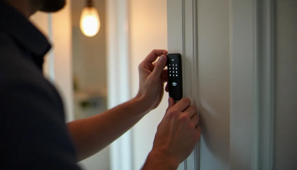 serrure sans percage featured Serrurier professionnel posant une serrure sans perçage à code sur une porte en bois blanc dans un appartement lyonnais