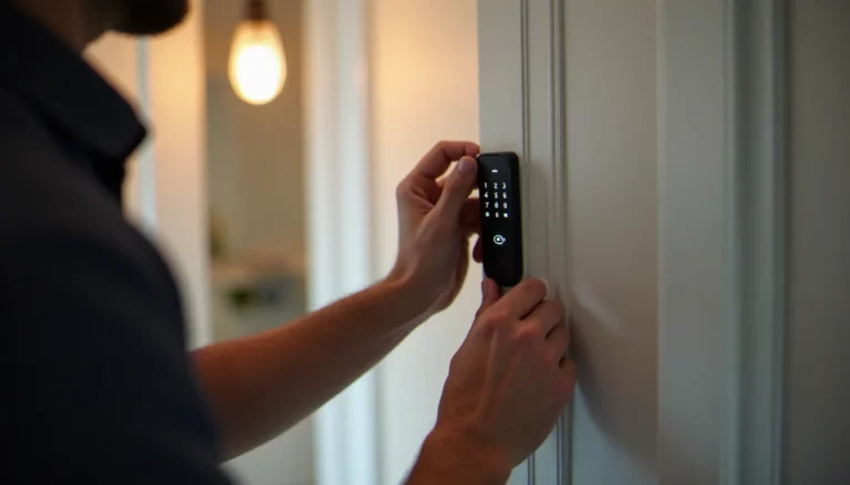 Serrurier professionnel posant une serrure sans perçage à code sur une porte en bois blanc dans un appartement lyonnais