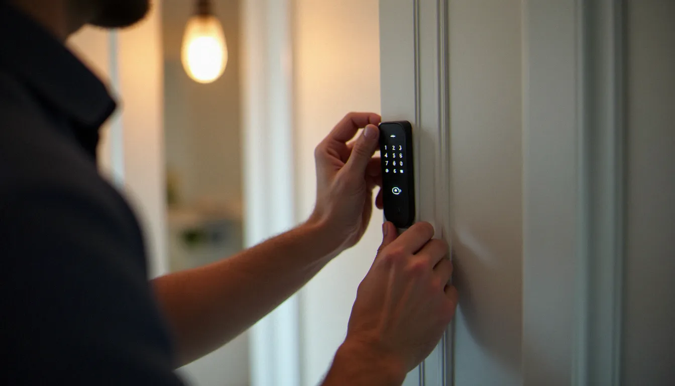 Serrurier professionnel posant une serrure sans perçage à code sur une porte en bois blanc dans un appartement lyonnais