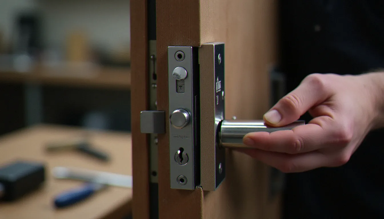 Pose professionnelle d'une serrure encastrée sans poignée extérieure dans la tranche d'une porte blindée, mains de serrurier au travail