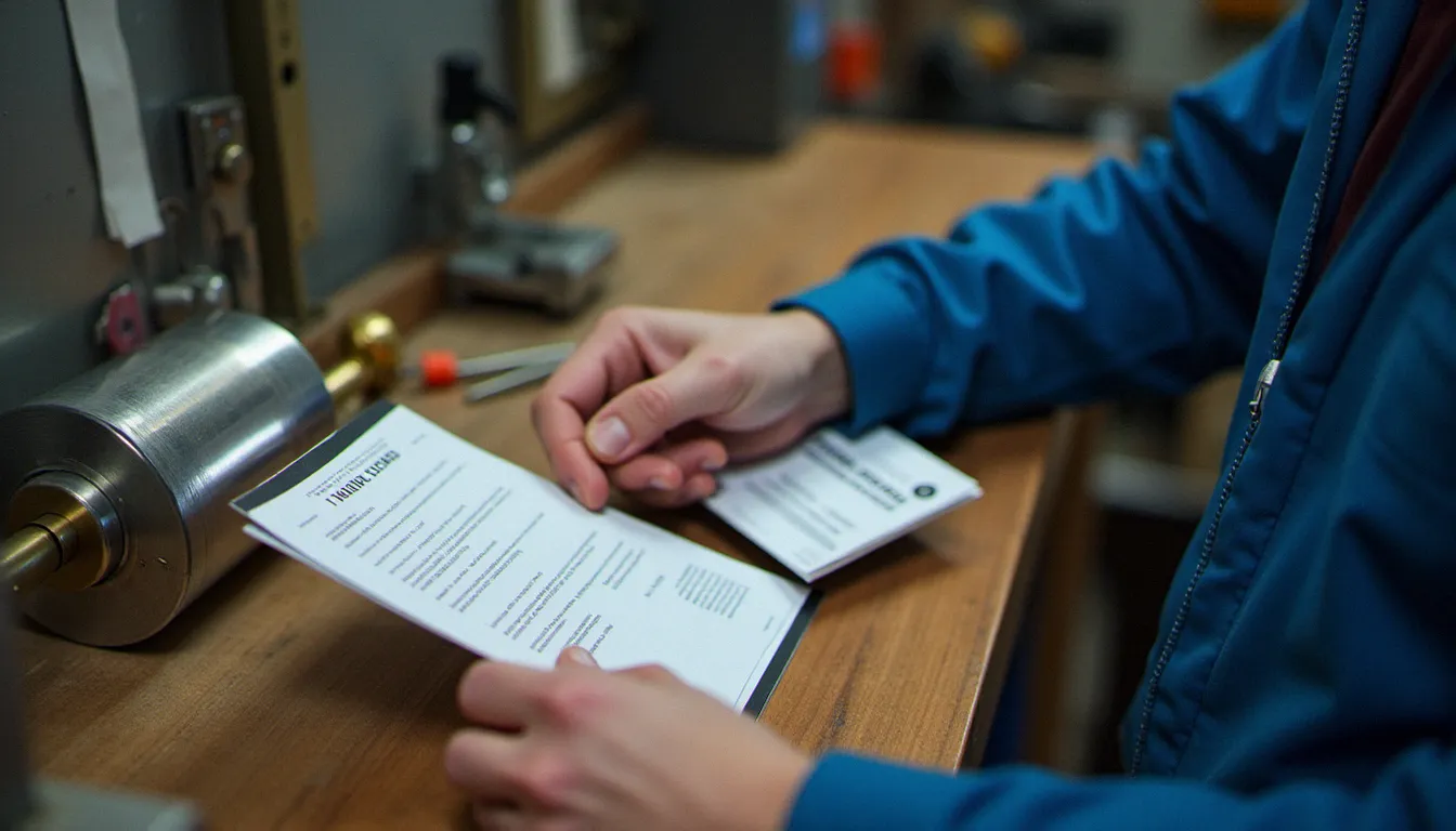 Mains d'un serrurier tenant une carte professionnelle et un cylindre haute sécurité, illustration des certifications requises pour une serrurerie fiable