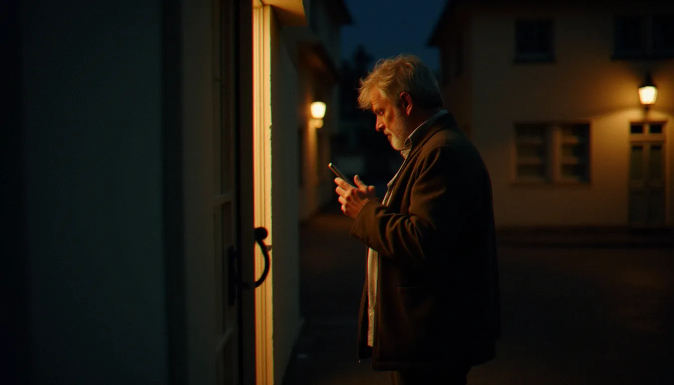 Personne bloquée devant sa porte la nuit dans une rue lyonnaise, cherchant un serrurier de confiance sur son téléphone après avoir consulté les avis de serrurerie