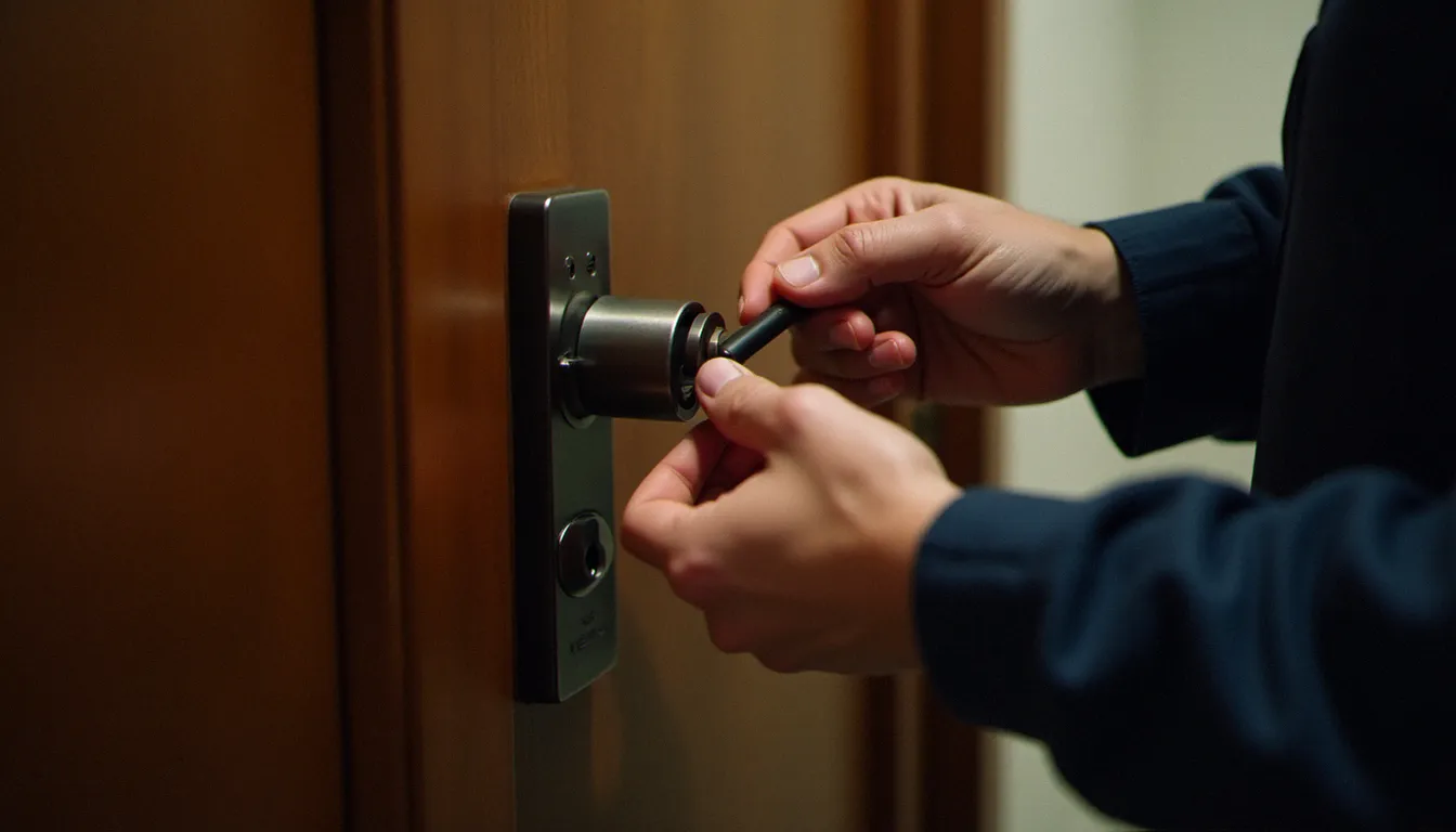 Serrurier professionnel inspectant une serrure multipoints sur une porte d'entrée à Lyon, illustrant l'évaluation qualité des avis serrurerie Bertrand