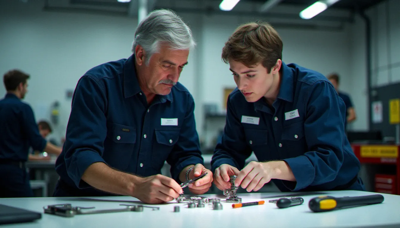 Un formateur certifié en serrurerie transmettant la technique de remplacement de cylindre à un apprenti dans un centre de formation professionnelle du bâtiment