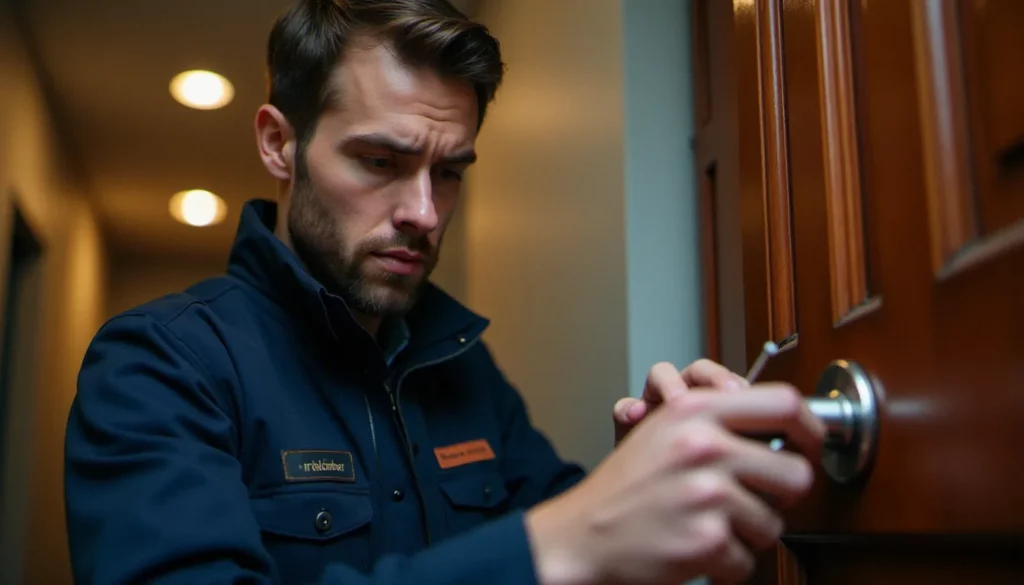 serrurerie est une branche featured Un serrurier professionnel inspectant un cylindre haute sécurité sur une porte d'appartement à Lyon, illustrant la serrurerie comme branche essentielle du bâtiment