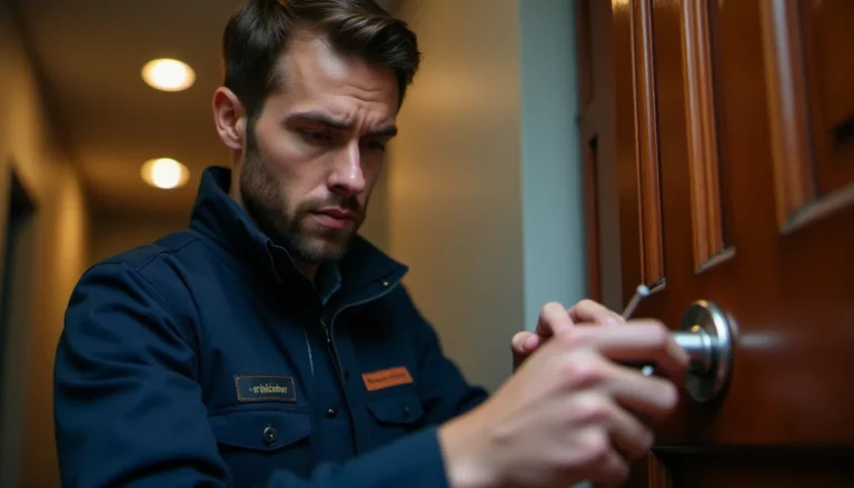 Un serrurier professionnel inspectant un cylindre haute sécurité sur une porte d'appartement à Lyon, illustrant la serrurerie comme branche essentielle du bâtiment