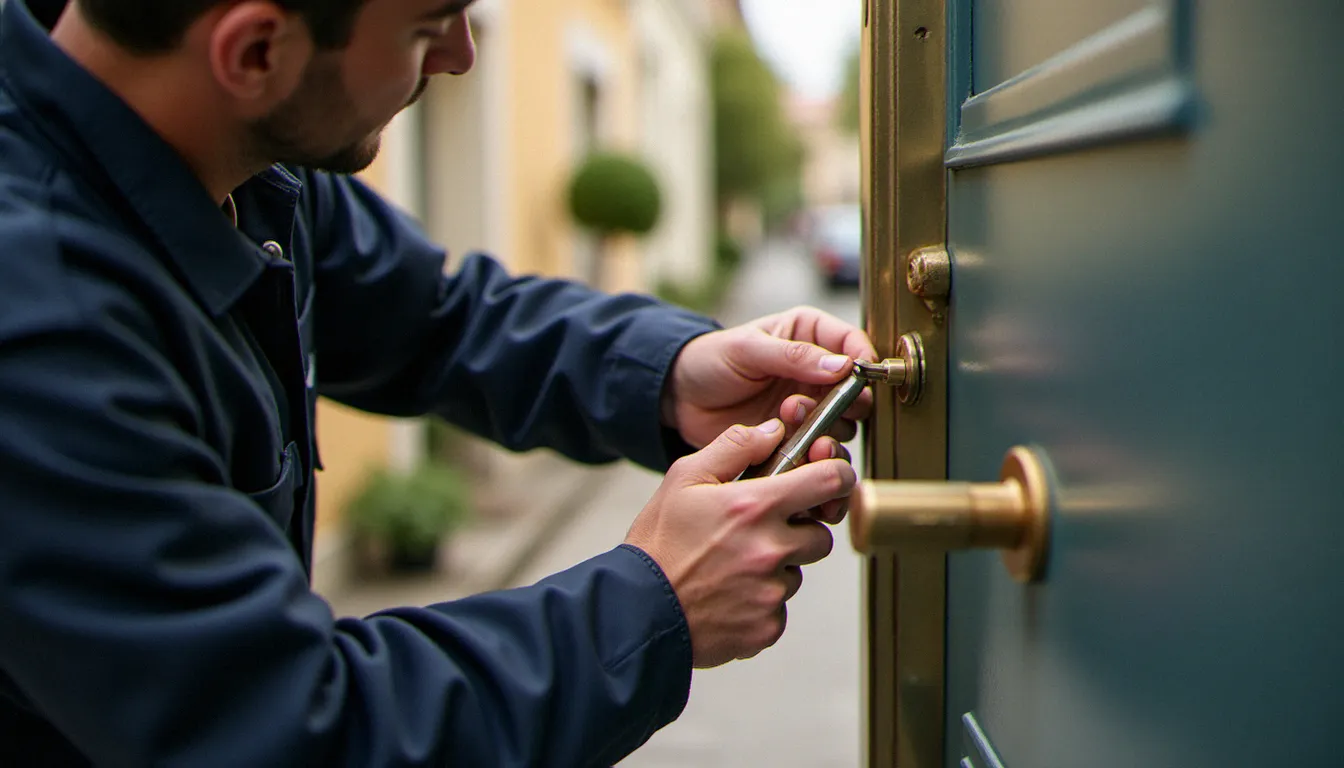 Serrurier professionnel inspectant le cylindre d'une porte d'entrée à Lambersart, illustration de la serrurerie sans souci lambersart avis