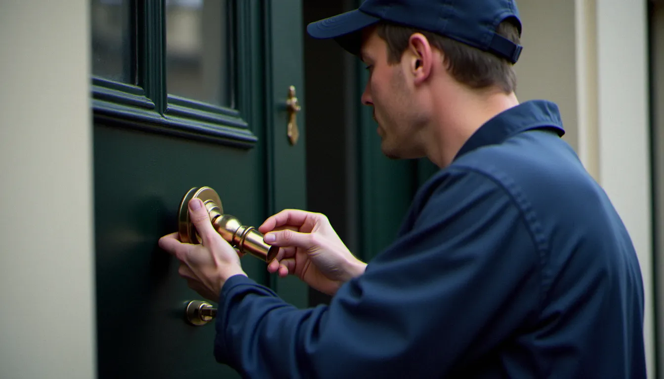 Serrurier professionnel examinant une serrure haute sécurité sur une porte d'entrée à Lyon, illustration des avis serrurerie Tan et du choix d'un artisan qualifié