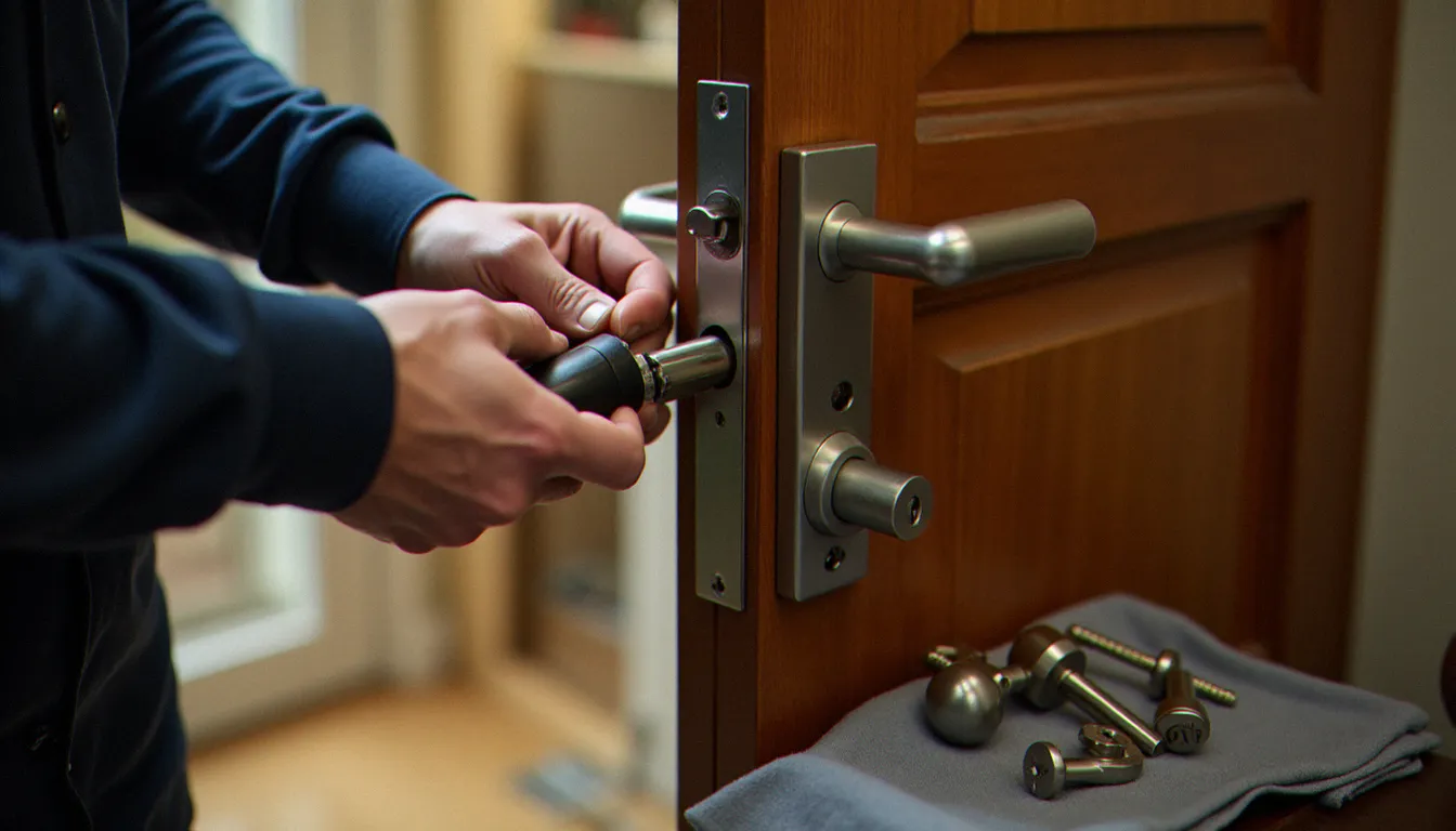 Gros plan sur les mains d'un serrurier en train de poser un cylindre haute sécurité certifié A2P dans une serrure de porte blindée