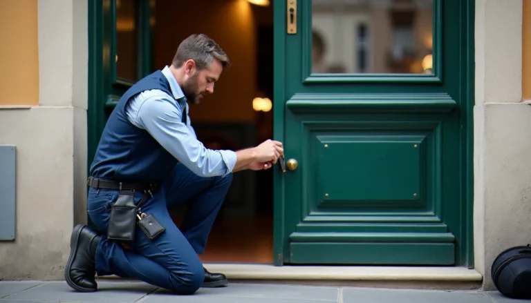 Serrurier professionnel examinant une serrure endommagée sur une porte d'entrée d'immeuble à Lyon, illustrant une intervention biollay serrurerie ou service équivalent