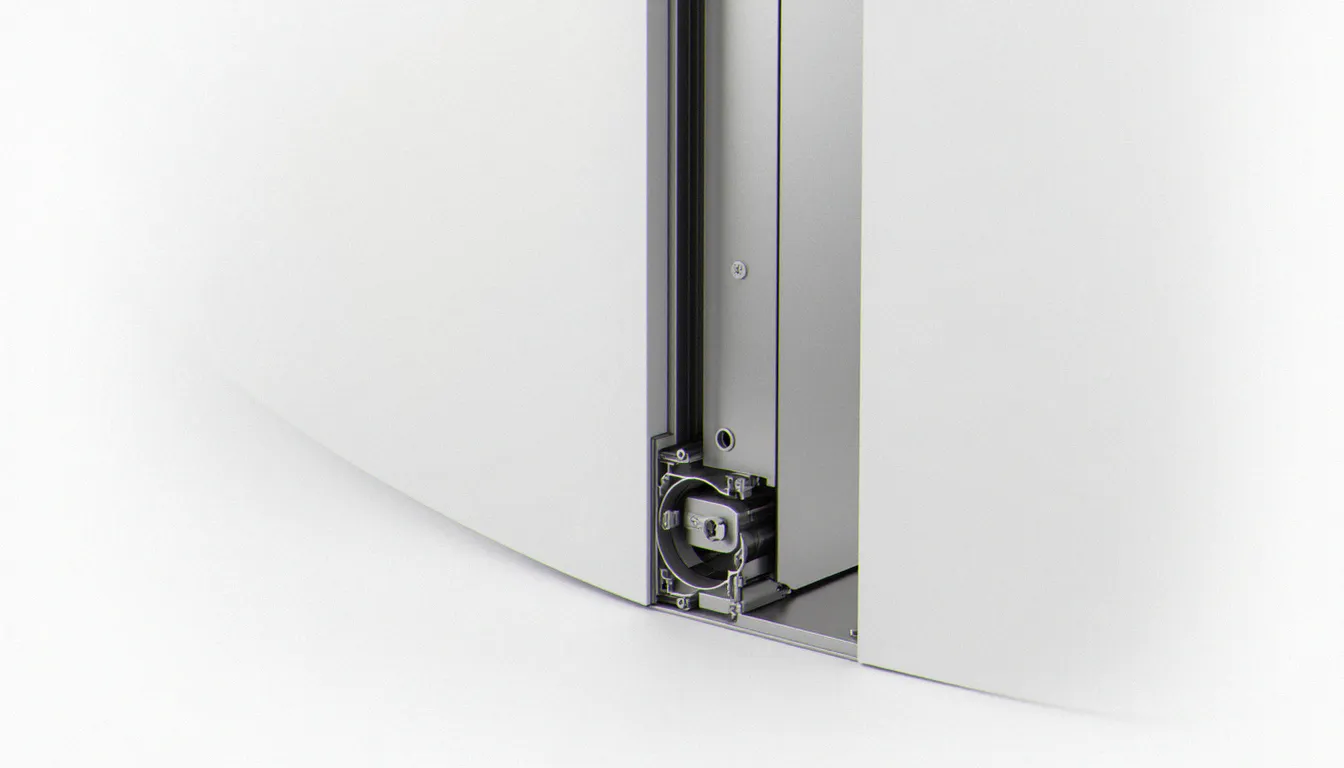 Coupe technique d'une porte pivot blindée montrant l'âme en acier et le mécanisme de serrure multipoints intégré