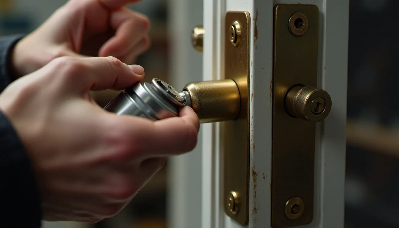 Entretien du pivot en acier d'une porte blindée par un serrurier professionnel à Lyon