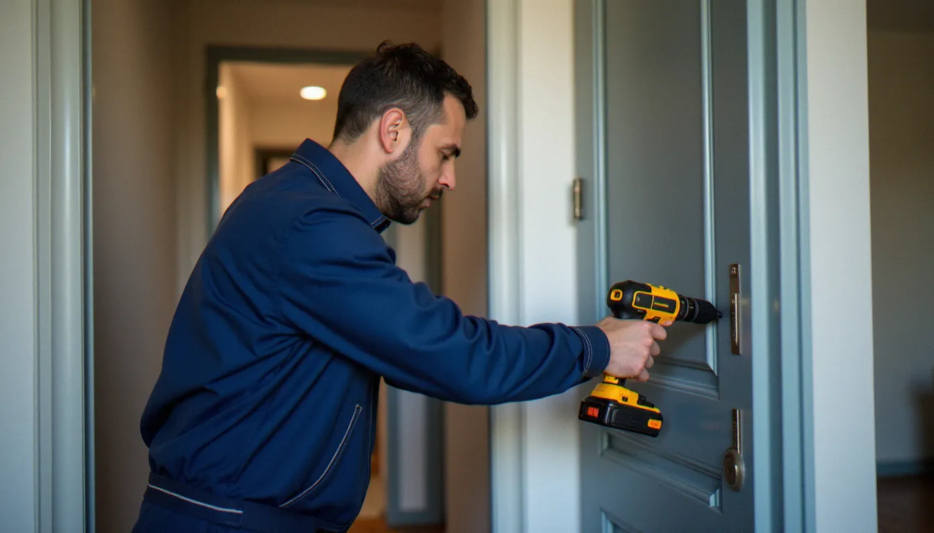 Serrurier professionnel en tenue de travail bleue vissant une chaîne de porte renforcée sur le chambranle d'un appartement à Lyon