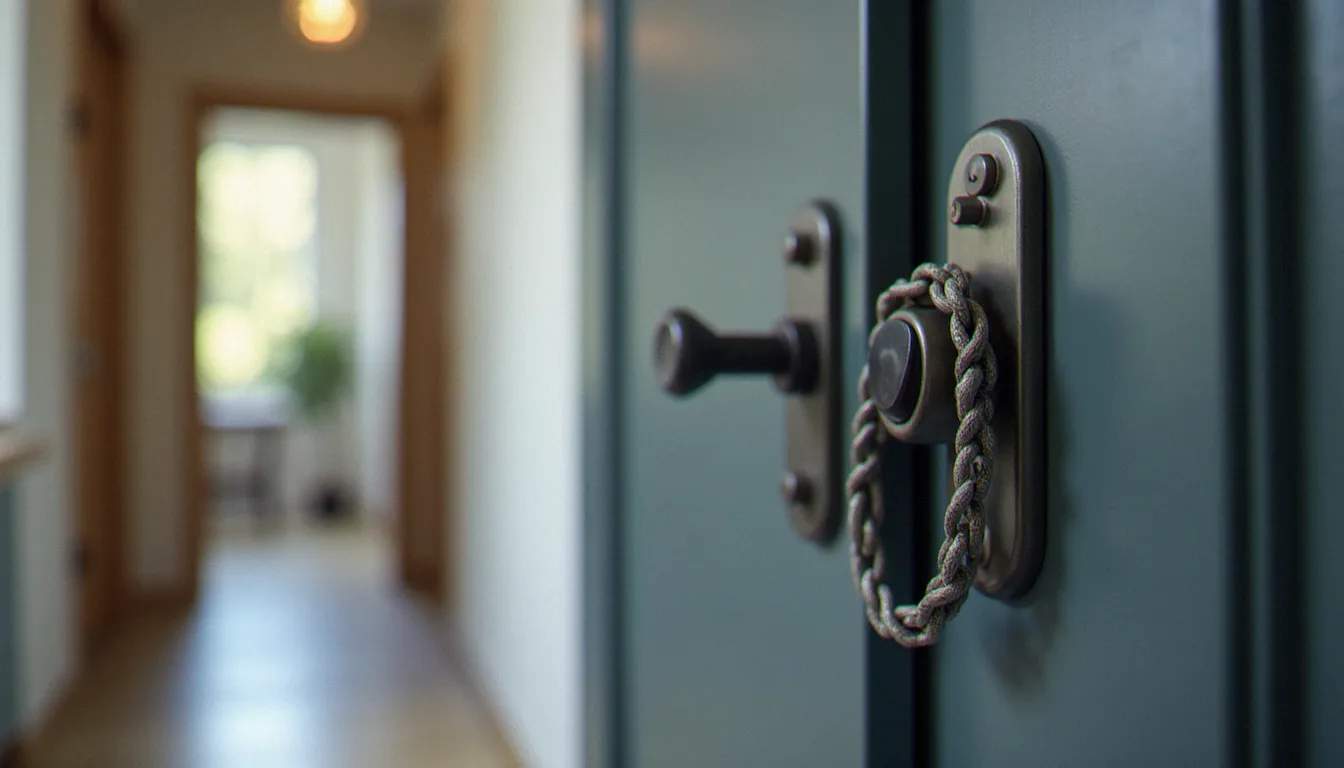 Porte d'entrée grise équipée de plusieurs dispositifs de sécurité combinés : chaîne de serrurerie renforcée, verrou dormant et cylindre haute sécurité