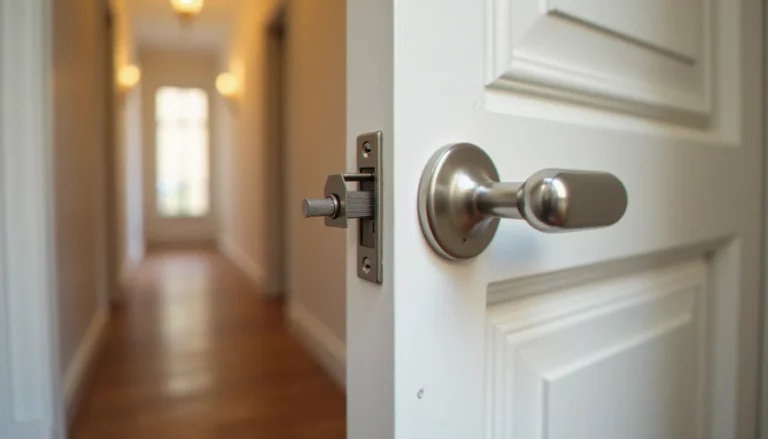 Chaîne de serrurerie en inox fixée sur une porte d'entrée blanche, maintenant le battant entrouvert de quelques centimètres en position de sécurité