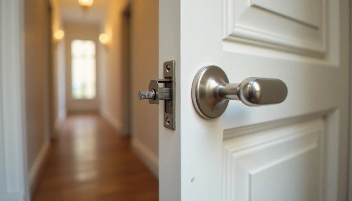 Chaîne de serrurerie en inox fixée sur une porte d'entrée blanche, maintenant le battant entrouvert de quelques centimètres en position de sécurité