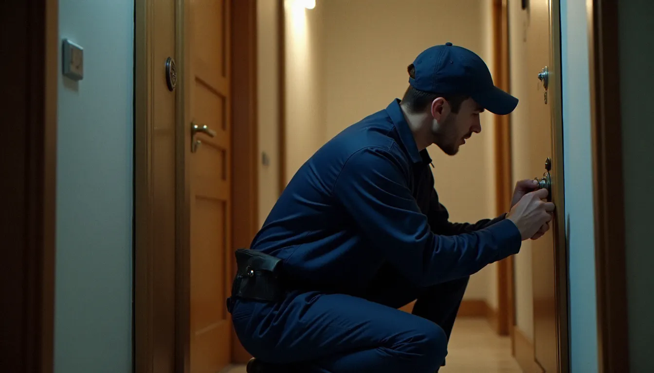 Technicien serrurier en uniforme en train de changer un cylindre de serrurerie sur une porte d'appartement endommagée après effraction dans un couloir d'immeuble lyonnais
