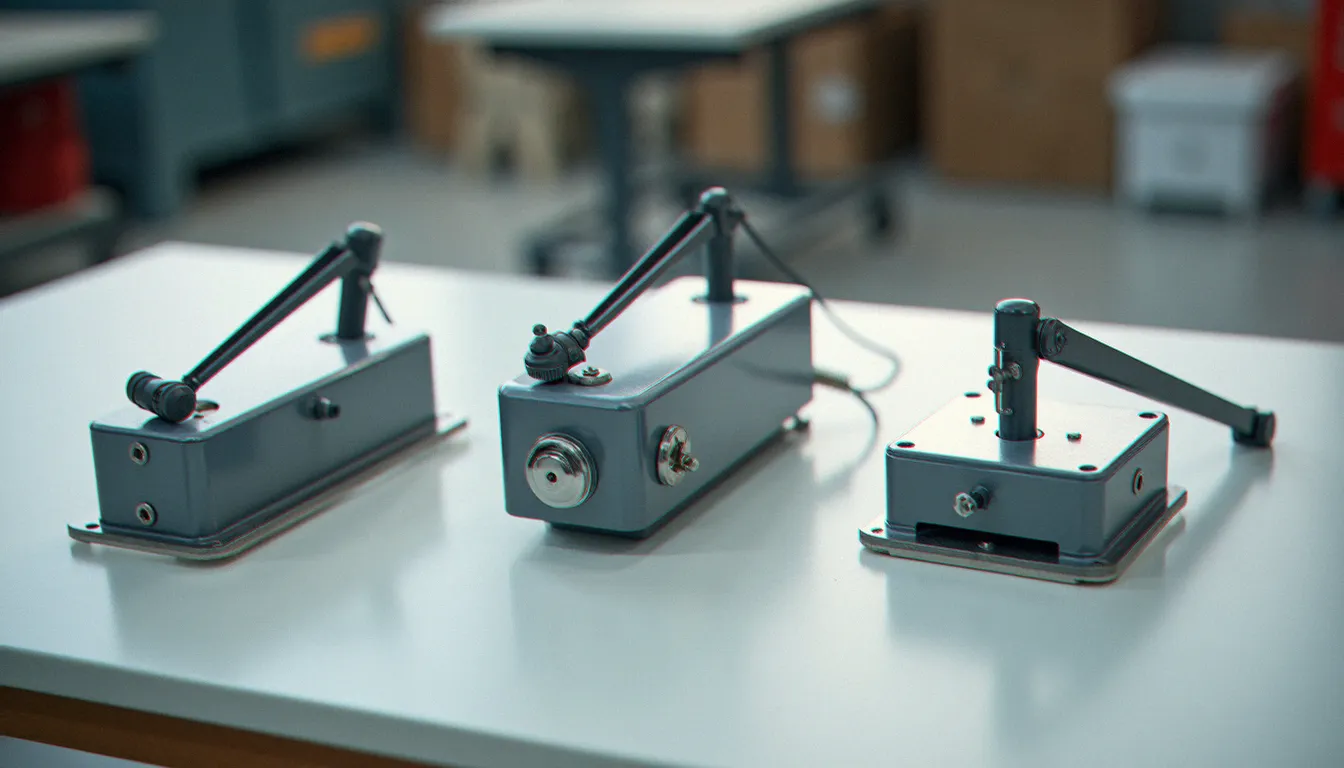 Comparaison de plusieurs modèles de ferme-portes automatiques hydrauliques disposés sur un établi, illustrant les différentes tailles et configurations de bras disponibles