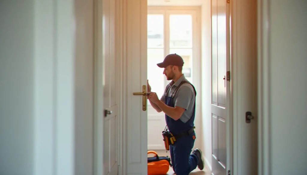 Serrurier professionnel en train d'installer un ferme-porte automatique Canac sur une porte palière blanche dans un immeuble lyonnais
