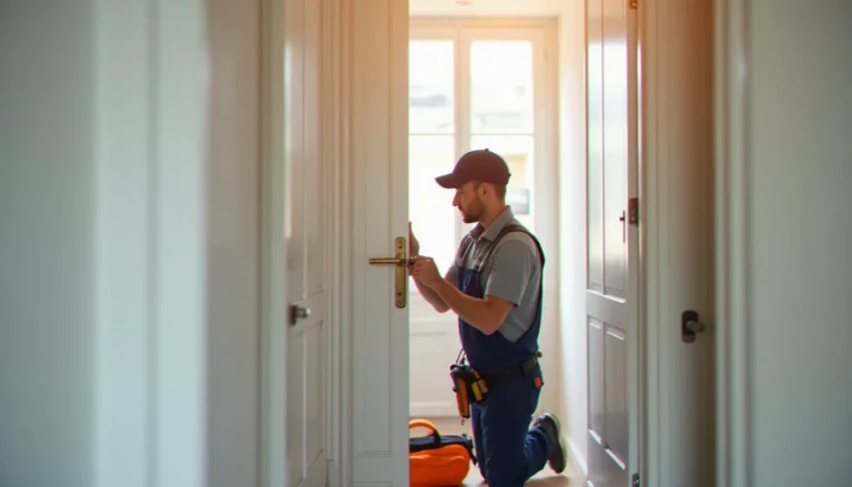 Serrurier professionnel en train d'installer un ferme-porte automatique Canac sur une porte palière blanche dans un immeuble lyonnais