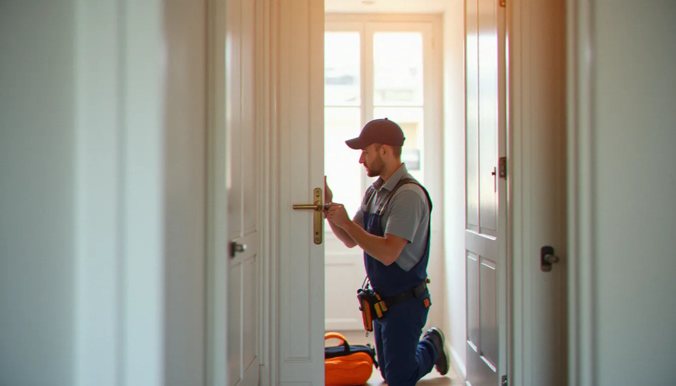 Serrurier professionnel en train d'installer un ferme-porte automatique Canac sur une porte palière blanche dans un immeuble lyonnais