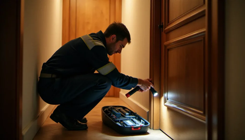 Serrurier professionnel examinant un cylindre de serrure endommagé sur une porte d'appartement à Lyon, représentant une intervention franceschi serrurerie