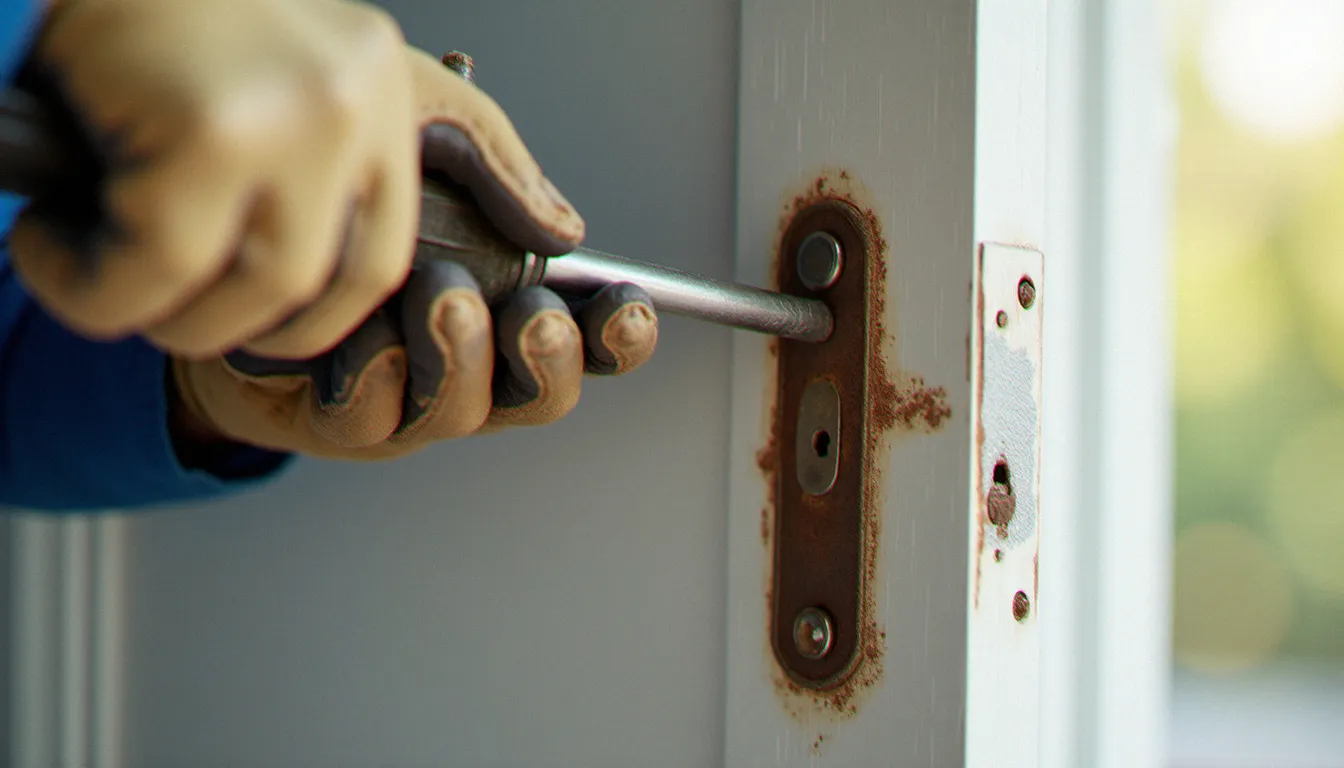 Serrurier en gants retirant une gâche rouillée et usée d'un bâti de porte en bois lors d'une intervention de remplacement