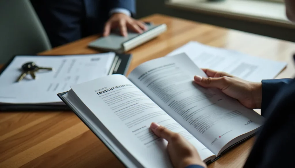 Mains tenant un livre technique ouvert révélant le code-barres et l'international standard book number sur la quatrième de couverture, posé sur un bureau en bois avec des clés de sécurité certifiées