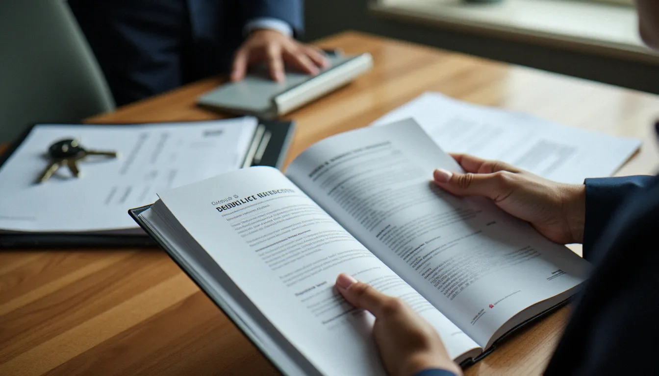 Mains tenant un livre technique ouvert révélant le code-barres et l'international standard book number sur la quatrième de couverture, posé sur un bureau en bois avec des clés de sécurité certifiées