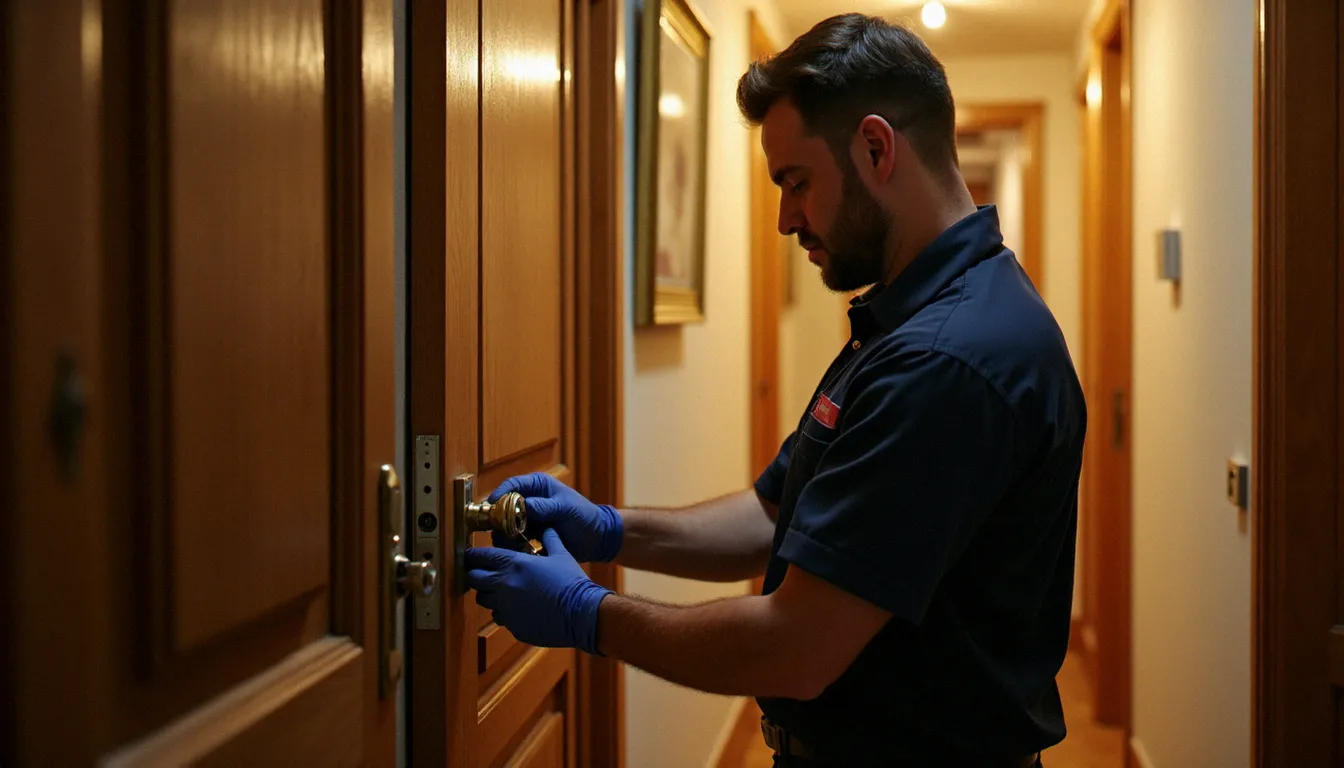 Serrurier professionnel installant un cylindre de serrure haute sécurité certifié sur une porte d'entrée dans un immeuble lyonnais, héritage des standards établis par la famille Yale