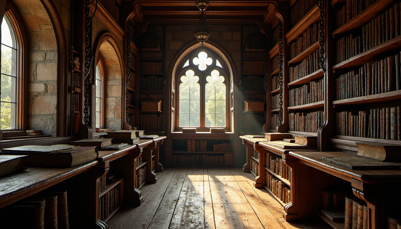 Intérieur de bibliothèque médiévale avec des livres enchaînés sur leurs pupitres en bois ancien, évoquant la bibliothèque historique de Merton College Oxford