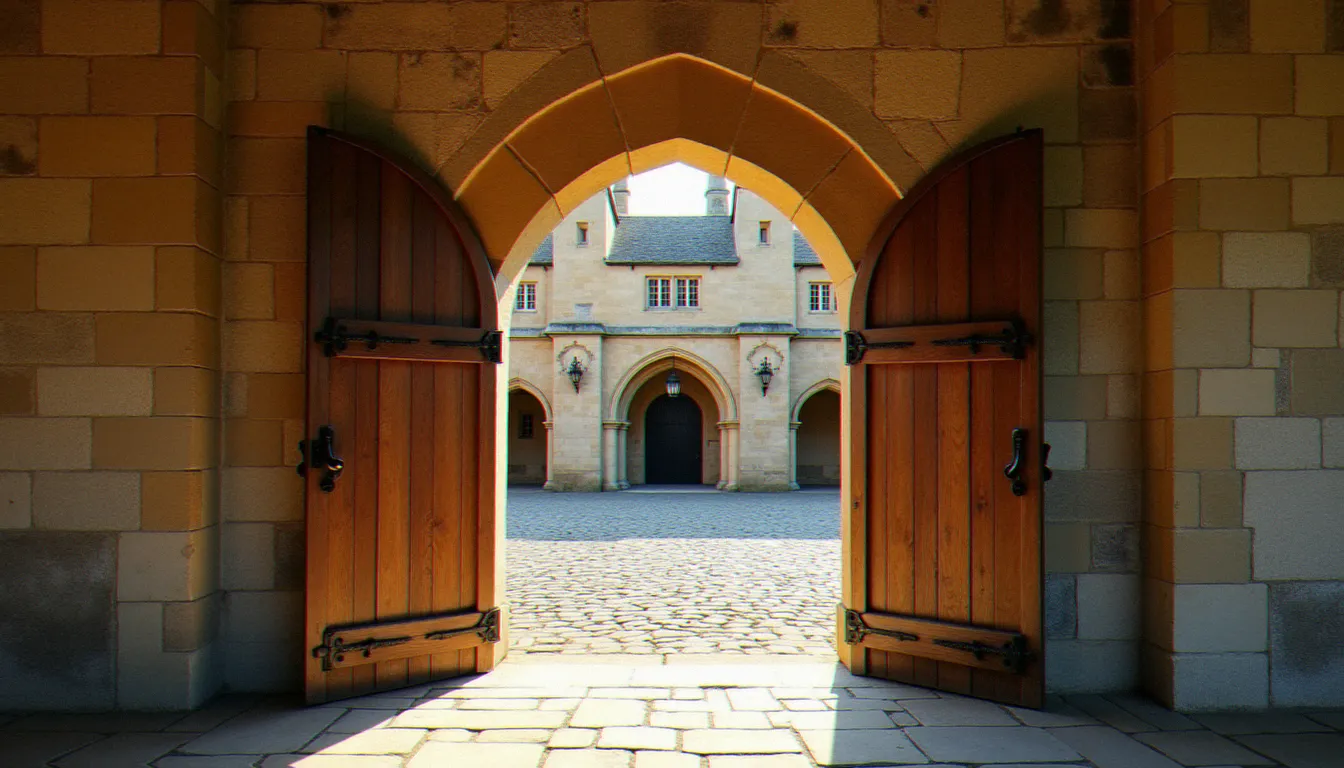Arche en pierre d'entrée d'une cour de collège anglais médiéval avec une porte en chêne ancienne et ses ferrures d'époque, rappelant l'architecture de la Mob Quad de Merton College