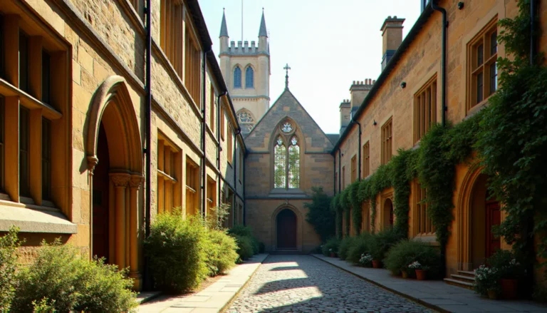 Façade extérieure en pierre médiévale de Merton College Oxford avec la tour gothique de la chapelle et la rue pavée de Merton Street