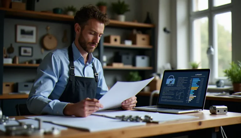 Serrurier consultant une base documentaire en ligne sur l'online computer library center avec des cylindres certifiés A2P posés sur un établi à Lyon