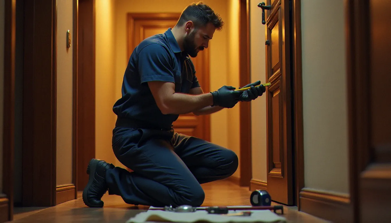 Serrurier professionnel mesurant l'emplacement d'une serrure 3 points en applique avant la pose sur une porte palière