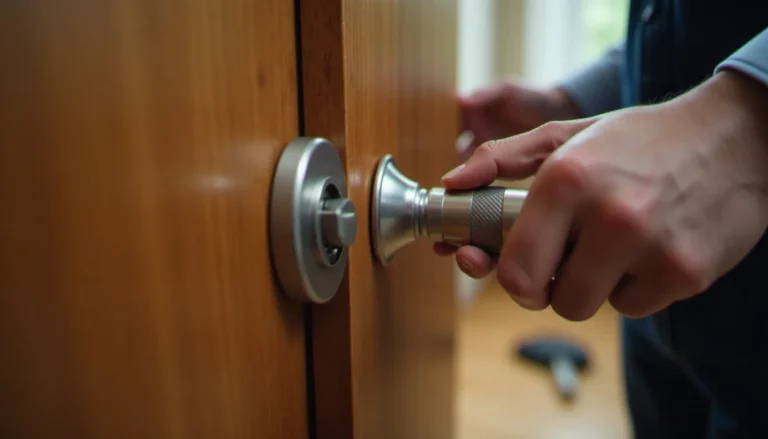 Pose d'une serrure 3 points en applique sur une porte en bois par un serrurier professionnel à Lyon