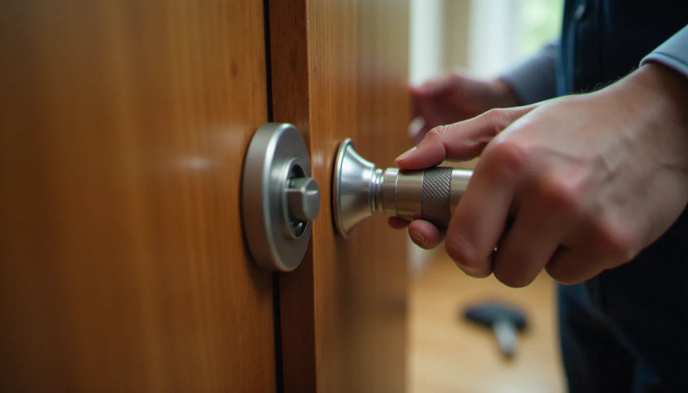 Pose d'une serrure 3 points en applique sur une porte en bois par un serrurier professionnel à Lyon