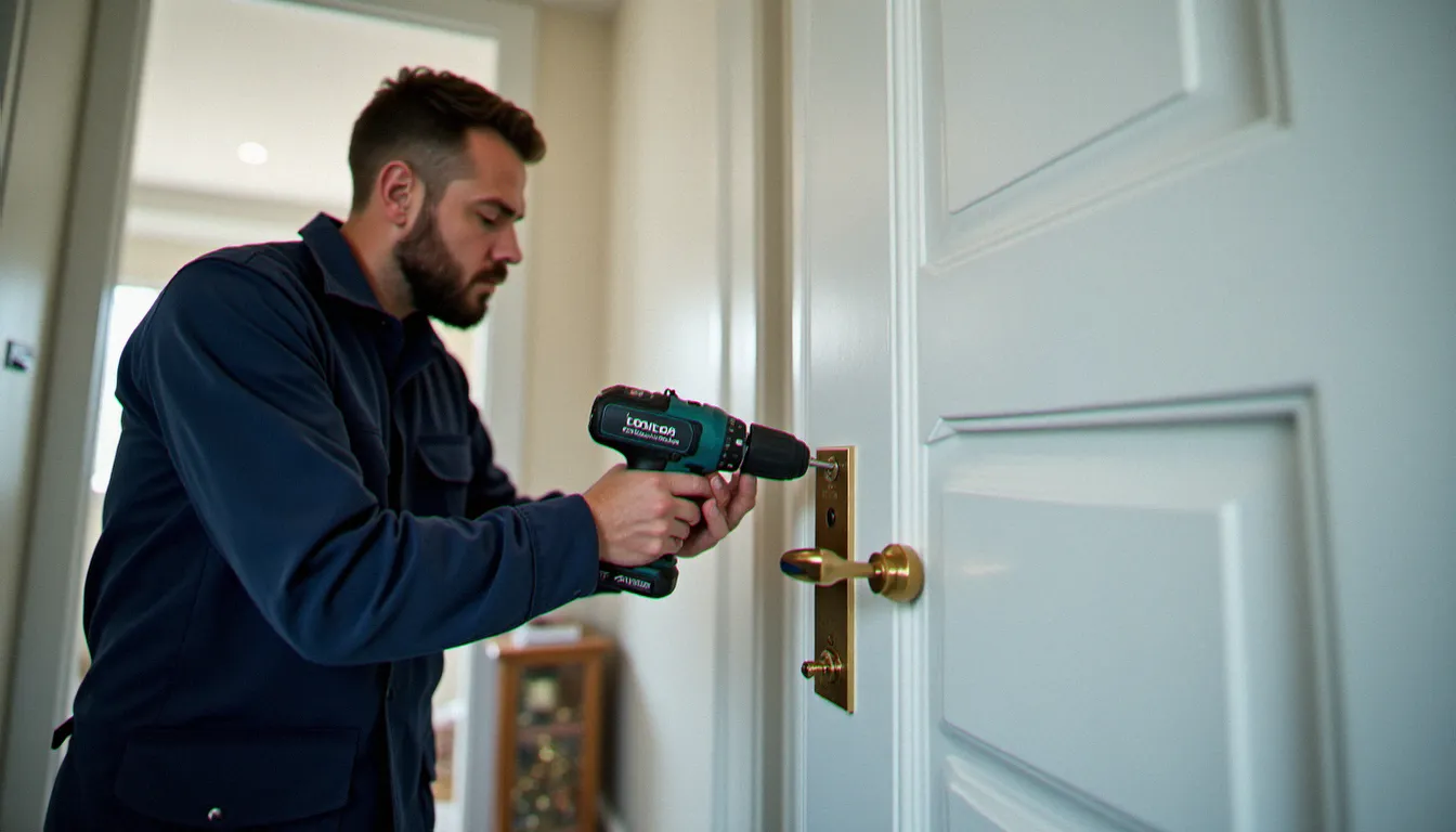 Serrurier professionnel en tenue de travail installant une serrure 3 points encastrable dans le chant d'une porte d'appartement blanche