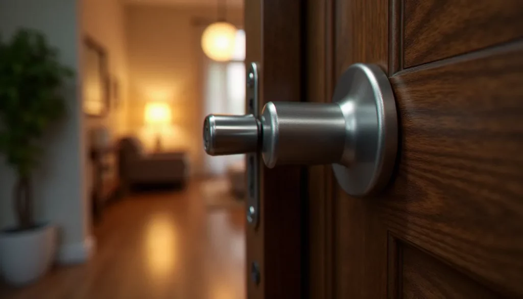 Serrure 3 points encastrable en inox sur une porte d'entrée en bois massif avec les trois pênes de verrouillage visibles dans leurs gâches