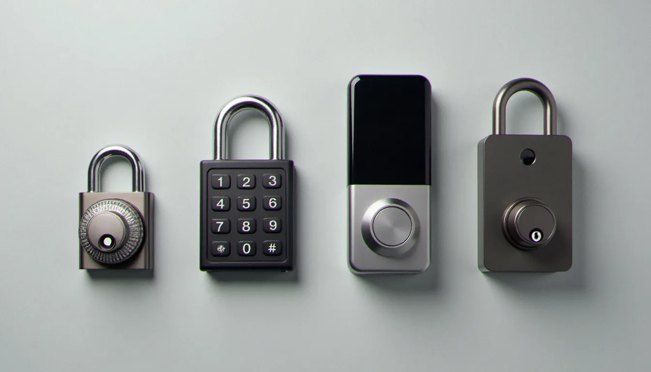 Quatre modèles de serrures à combinaison présentés côte à côte : cadenas mécanique à molette, serrure électronique à clavier, serrure connectée Bluetooth et serrure biométrique avec code de secours